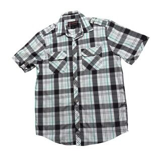 Blac LacqueR  Button Up Shirt Mens Large Black Green Plaid Short Sleeve Epaulet